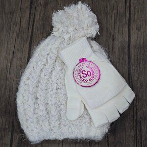 SO ✦ American Heritage Knit Hat Gloves ✦ Ivory Pom Beanie Convertible Fingerless